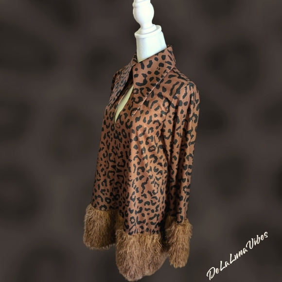Leopard Print Dress in Honey Brown & Black with Contrast Fuzzy Faux Fur Trim MED - Picture 6 of 13